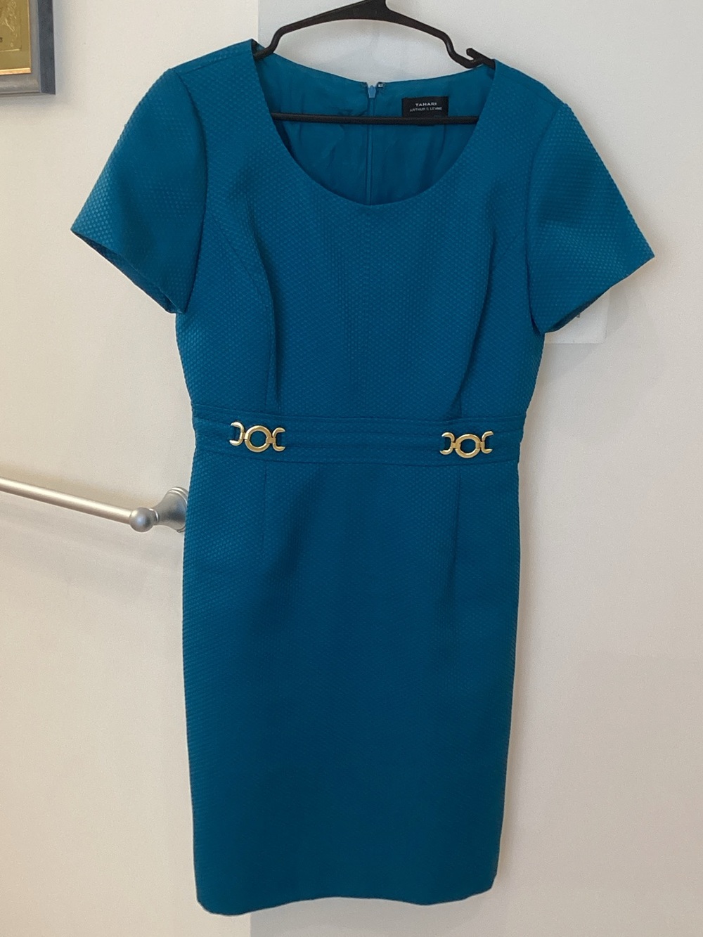 Talbots Teal Midi Sheath Dress with Gold Buckle Detail